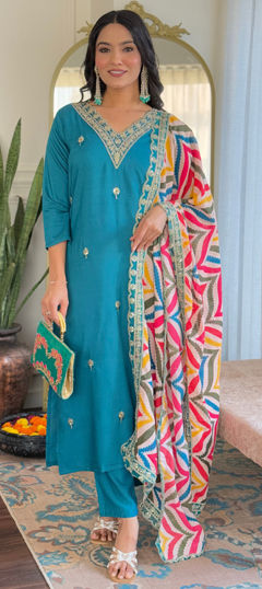 Blue color Salwar Kameez in Viscose fabric with Embroidered, Printed, Thread work