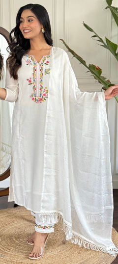 White and Off White color Salwar Kameez in Chanderi Silk, Viscose fabric with Embroidered, Thread work