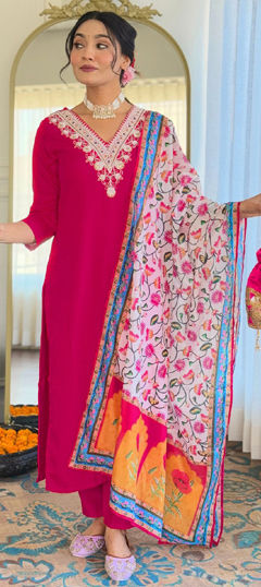 Pink and Majenta color Salwar Kameez in Rayon fabric with Embroidered, Printed, Thread work