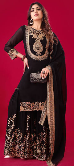 Black and Grey color Salwar Kameez in Faux Georgette fabric with Embroidered, Resham, Thread work