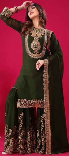 Green color Salwar Kameez in Faux Georgette fabric with Embroidered, Resham, Thread work