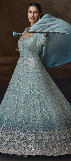 Blue color Gown in Silk fabric with Embroidered, Sequence, Thread, Zari work