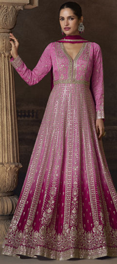Pink and Majenta color Gown in Silk fabric with Embroidered, Sequence, Thread, Zari work