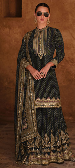 Black and Grey color Salwar Kameez in Crepe Silk fabric with Printed, Swarovski work