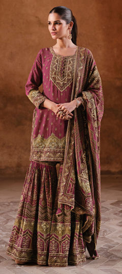 Pink and Majenta color Salwar Kameez in Crepe Silk fabric with Printed, Swarovski work