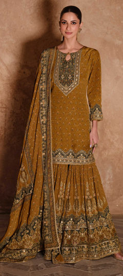 Yellow color Salwar Kameez in Crepe Silk fabric with Printed, Swarovski work