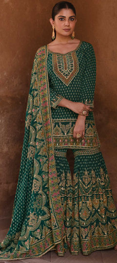 Blue color Salwar Kameez in Crepe Silk fabric with Printed, Swarovski work