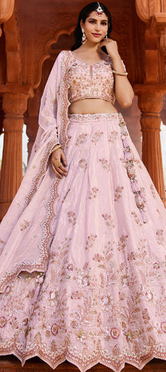 Beige and Brown color Lehenga in Tissue fabric with Bugle Beads, Sequence, Thread work