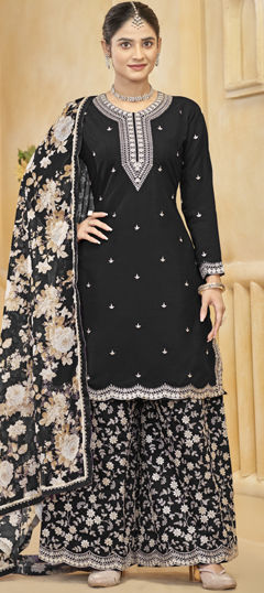 Black and Grey color Salwar Kameez in Silk fabric with Embroidered, Sequence, Thread work