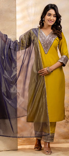 Yellow color Salwar Kameez in Rayon fabric with Sequence, Thread work
