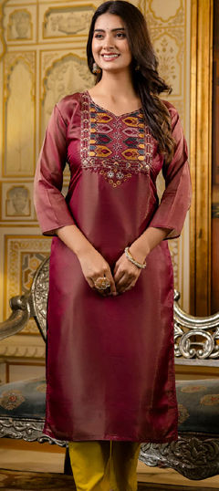 Beige and Brown color Kurti in Shimmer fabric with Embroidered, Thread, Zari work