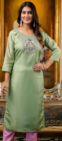 Green color Kurti in Shimmer fabric with Embroidered, Thread, Zari work