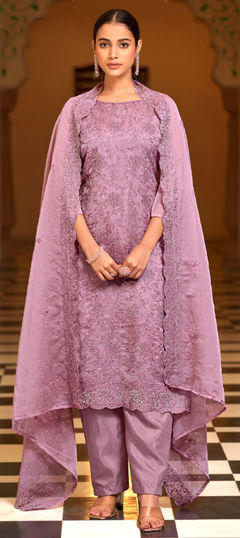 Purple and Violet color Salwar Kameez in Organza Silk fabric with Embroidered, Swarovski, Thread work