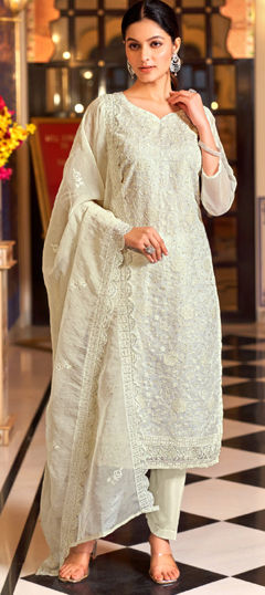 White and Off White color Salwar Kameez in Organza Silk fabric with Embroidered, Swarovski, Thread work