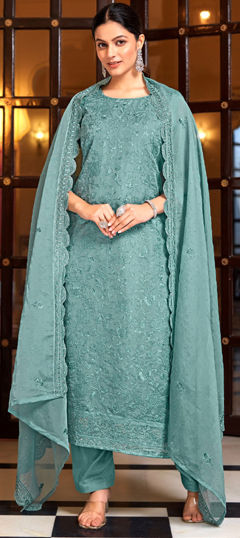 Blue color Salwar Kameez in Organza Silk fabric with Embroidered, Swarovski, Thread work