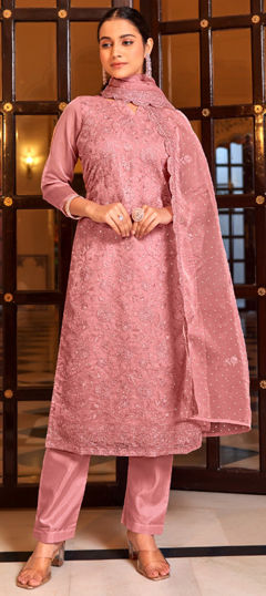 Pink and Majenta color Salwar Kameez in Organza Silk fabric with Embroidered, Swarovski, Thread work