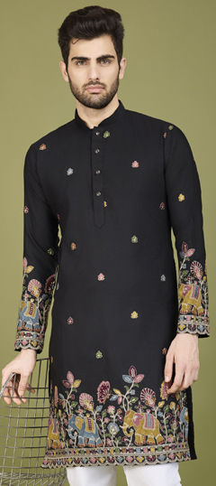 Black and Grey color Kurta in Cotton fabric with Embroidered, Sequence, Thread work