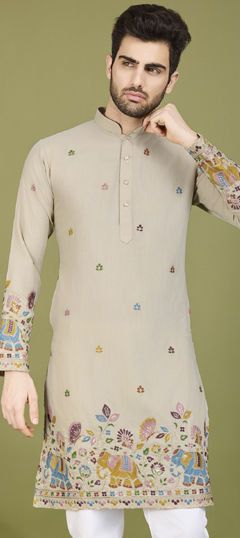 Beige and Brown color Kurta in Cotton fabric with Embroidered, Sequence, Thread work