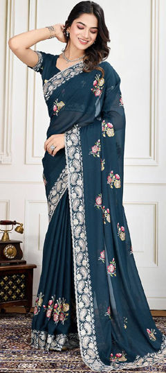 Blue color Saree in Georgette fabric with Embroidered, Sequence, Thread work