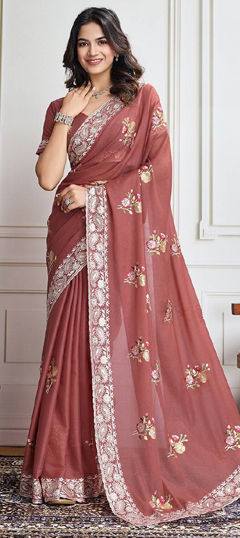 Beige and Brown color Saree in Georgette fabric with Embroidered, Sequence, Thread work