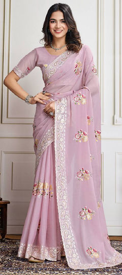 Purple and Violet color Saree in Georgette fabric with Embroidered, Sequence, Thread work