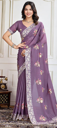 Purple and Violet color Saree in Georgette fabric with Embroidered, Sequence, Thread work