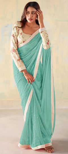 Blue color Saree in Faux Georgette fabric with Lace, Sequence, Thread work