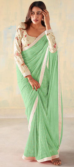 Green color Saree in Faux Georgette fabric with Lace, Sequence, Thread work