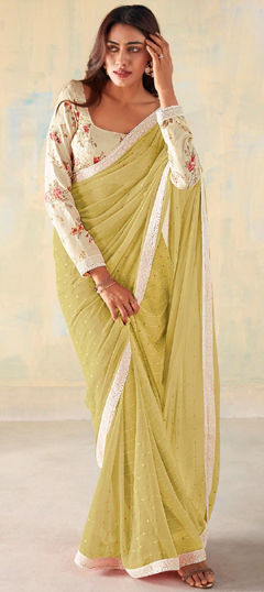 Yellow color Saree in Faux Georgette fabric with Lace, Sequence, Thread work