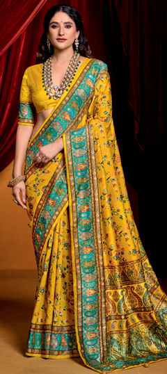 Yellow color Saree in Silk fabric with Printed work