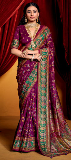 Purple and Violet color Saree in Silk fabric with Printed work