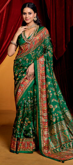 Green color Saree in Silk fabric with Printed work