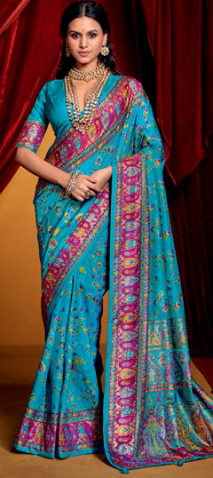 Blue color Saree in Silk fabric with Printed work