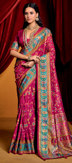 Pink and Majenta color Saree in Silk fabric with Printed work