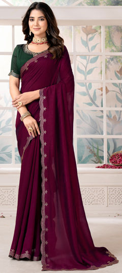 Red and Maroon color Saree in Silk fabric with Sequence work