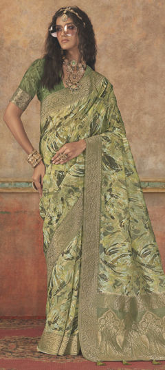 Green color Saree in Silk fabric with Floral, Printed, Weaving work