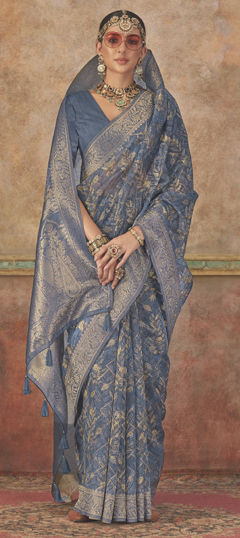 Black and Grey color Saree in Silk fabric with Floral, Printed, Weaving work