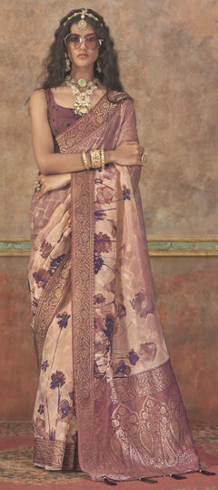 Beige and Brown color Saree in Silk fabric with Floral, Printed, Weaving work