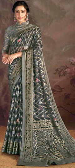 Black and Grey color Saree in Brasso fabric with Floral, Printed, Weaving work