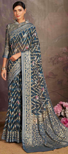 Blue color Saree in Brasso fabric with Floral, Printed, Weaving work