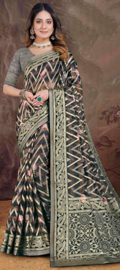 Black and Grey color Saree in Brasso fabric with Floral, Printed, Weaving work