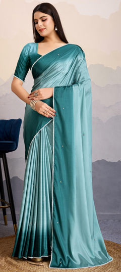 Blue color Saree in Satin Silk fabric with Bugle Beads, Lace, Ombre work