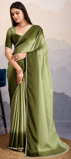 Green color Saree in Satin Silk fabric with Bugle Beads, Lace, Ombre work