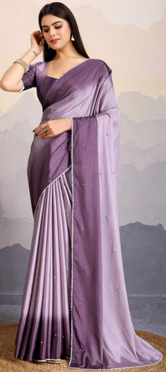 Purple and Violet color Saree in Satin Silk fabric with Bugle Beads, Lace, Ombre work