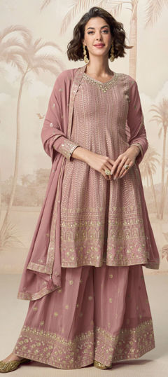 Pink and Majenta color Salwar Kameez in Georgette fabric with Embroidered, Gota Patti, Sequence, Thread, Zari work