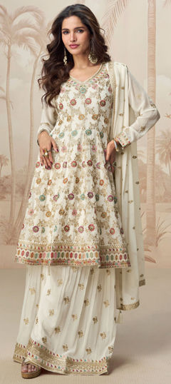 White and Off White color Salwar Kameez in Georgette fabric with Embroidered, Sequence, Thread, Zari work