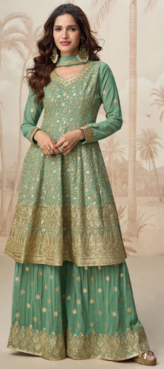 Green color Salwar Kameez in Georgette fabric with Embroidered, Sequence, Thread, Zari work