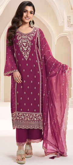Pink and Majenta color Salwar Kameez in Chiffon fabric with Embroidered, Sequence, Thread, Zari work