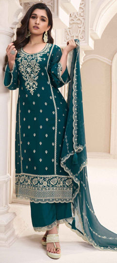 Blue color Salwar Kameez in Chiffon fabric with Embroidered, Sequence, Thread, Zari work