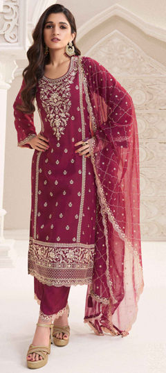Red and Maroon color Salwar Kameez in Chiffon fabric with Embroidered, Sequence, Thread, Zari work